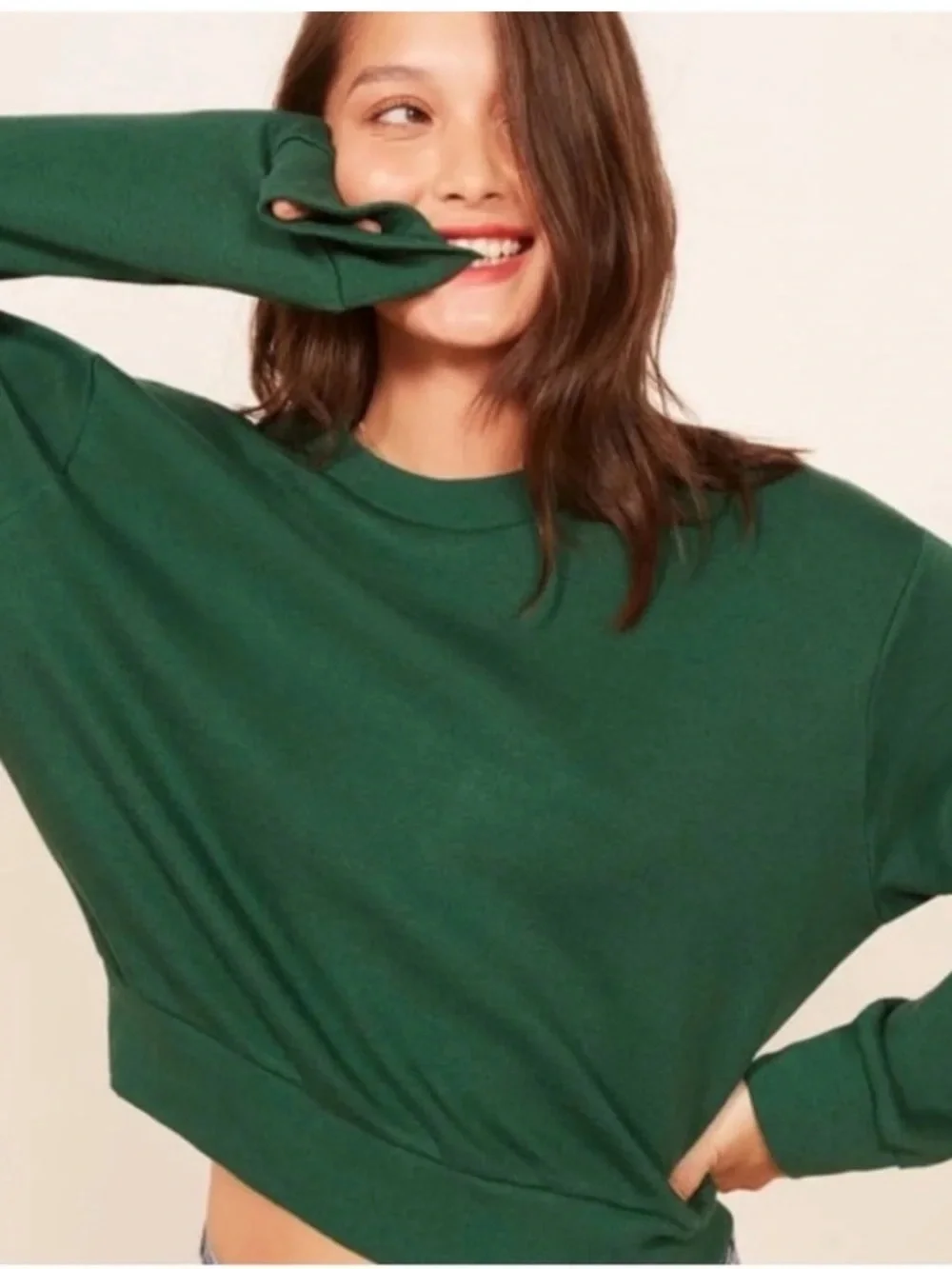 NWT Reformation Jeans Hunter Sweatshirt Cropped in Pine Green Color Size L
